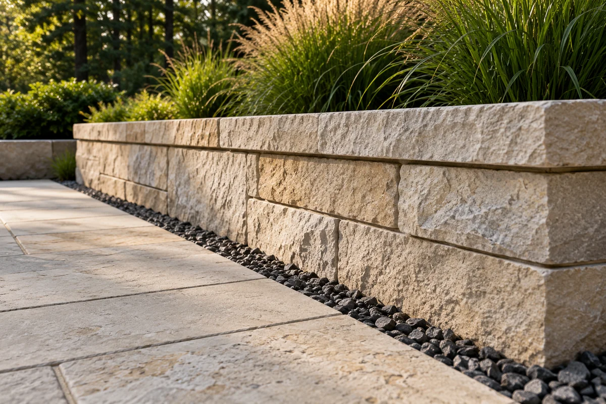 Illustrative close view of a stone retaining edge beside a paved path and grasses