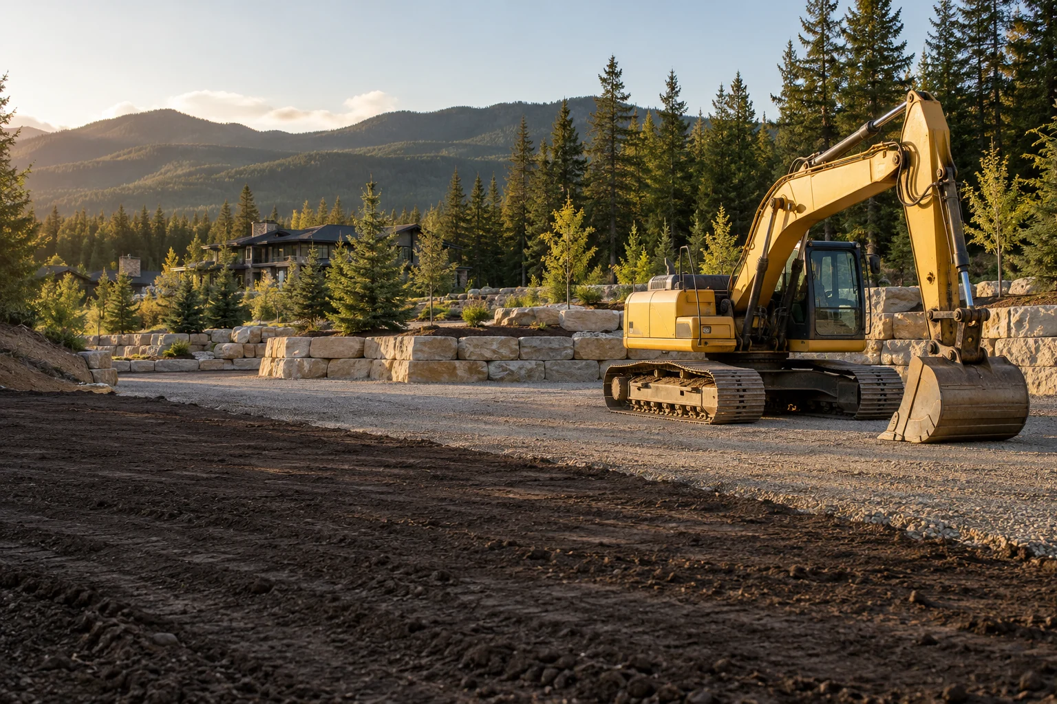 Illustrative excavator on a prepared residential landscape site