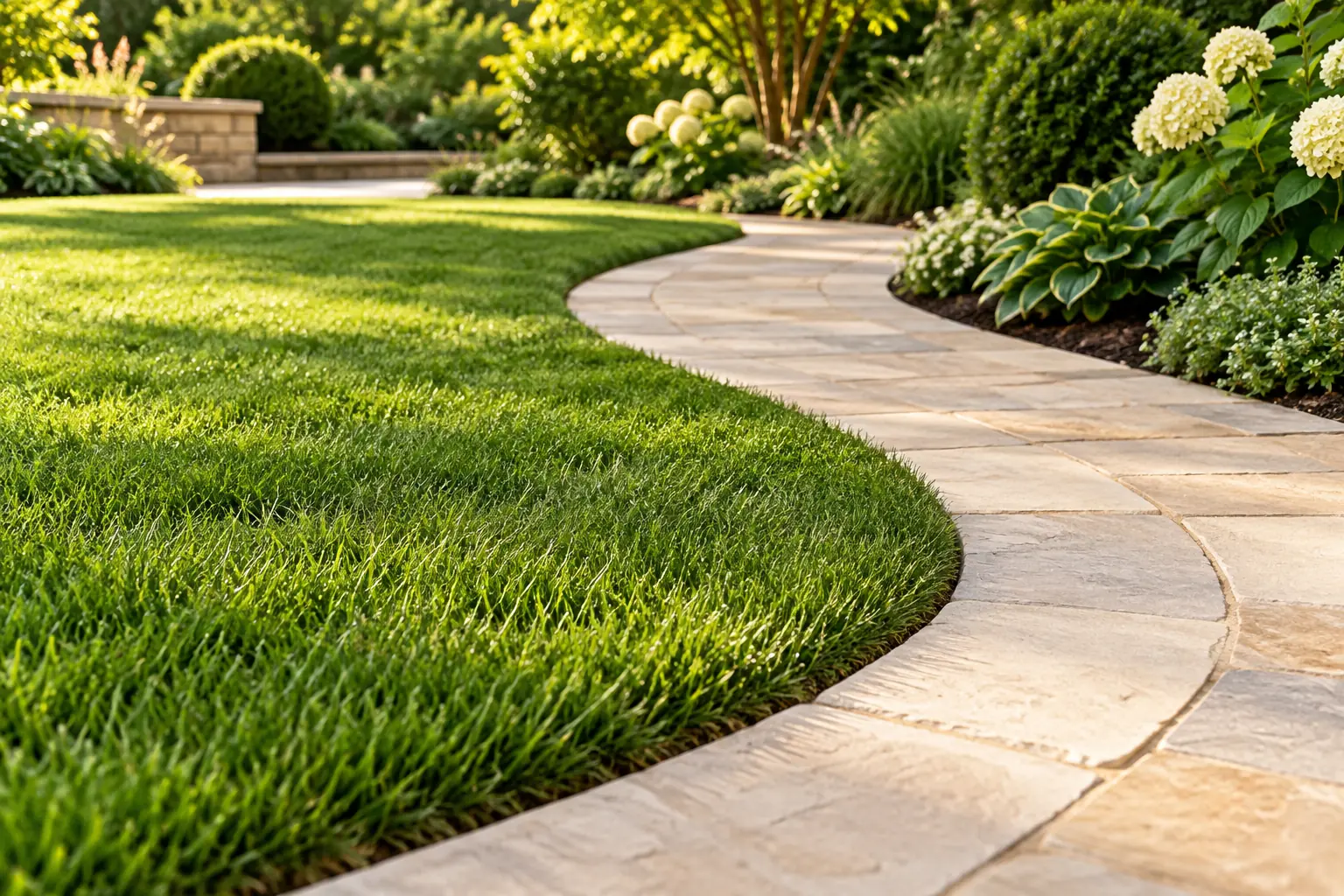 Illustrative planted garden with a curved stone path and established lawn