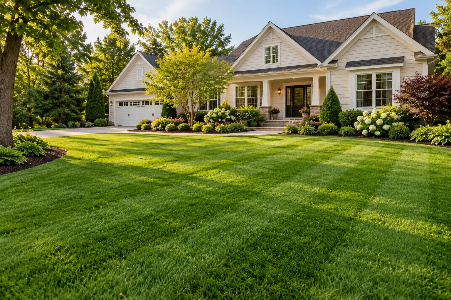 Illustrative cared-for front garden with a striped lawn and planted borders